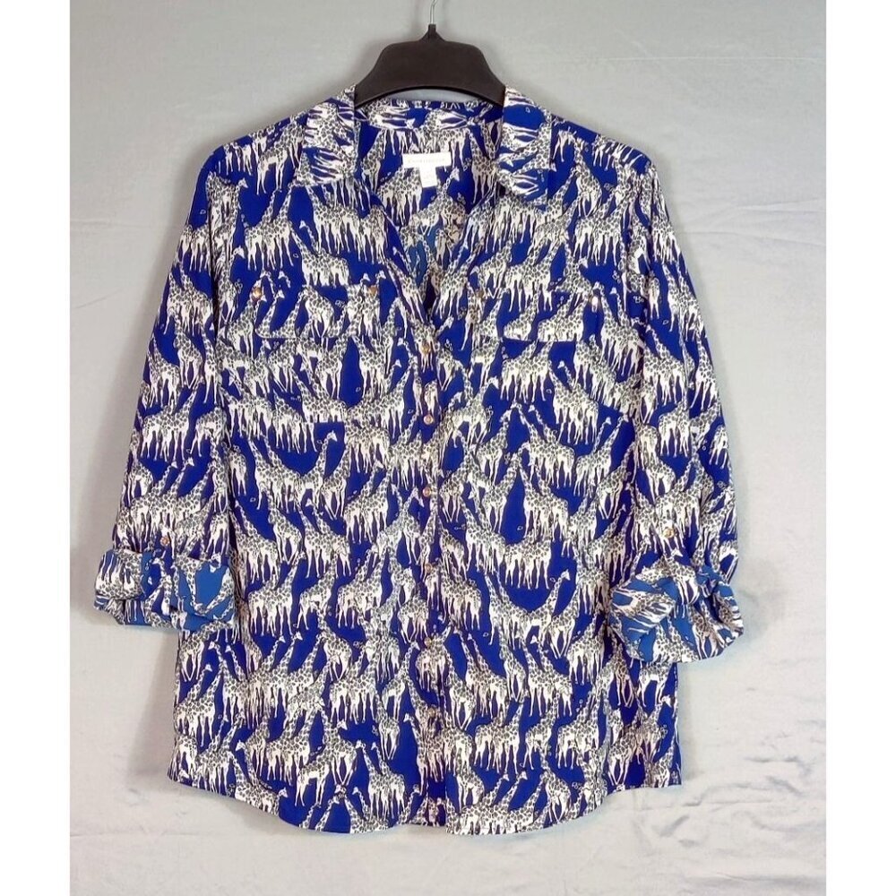 Giraffe Print Womens Blouse L Charter Club Button-Up Shirt Blue White Tab Sleeve